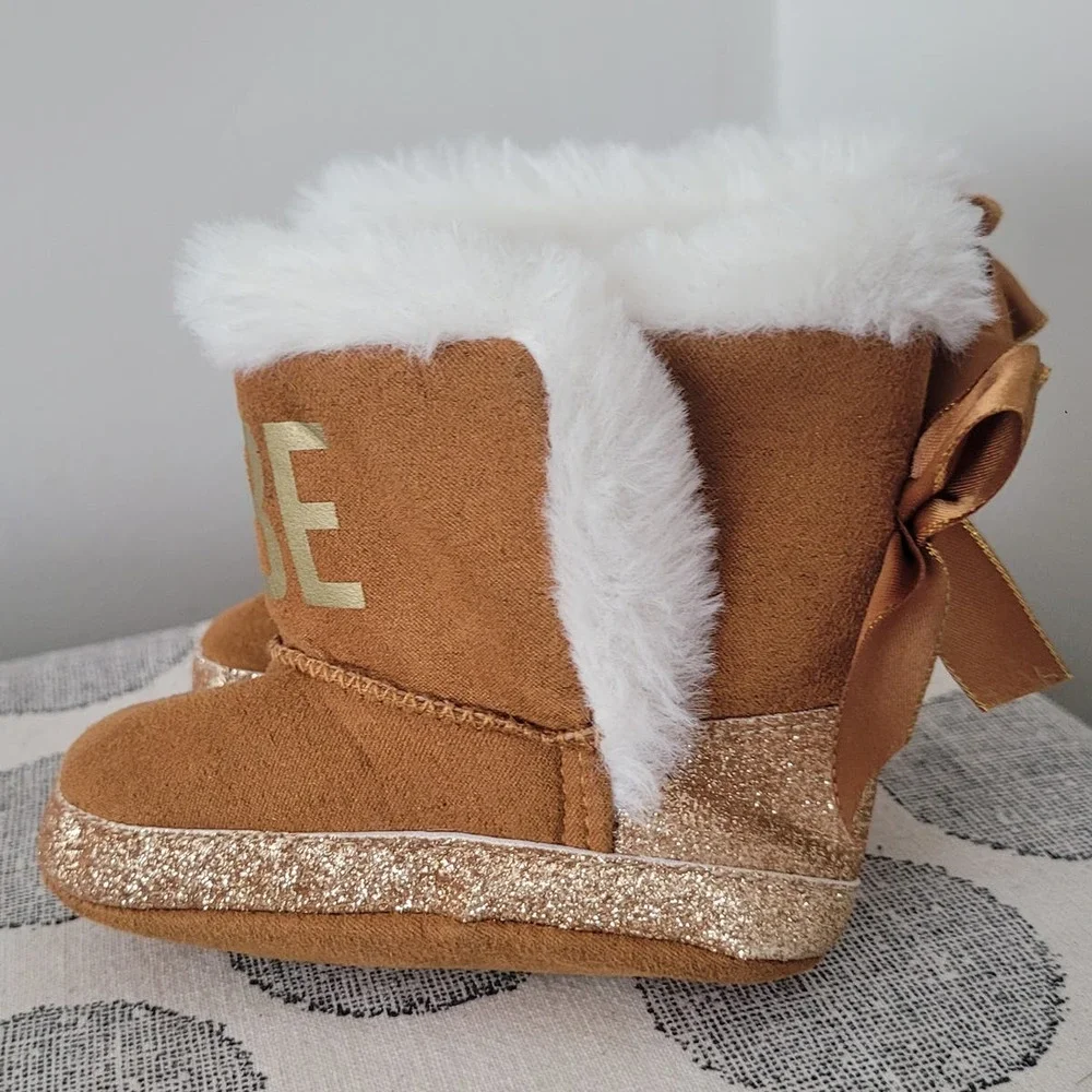 Bebe Baby Faux Fur Lined Boots Gold Lettering Size 3